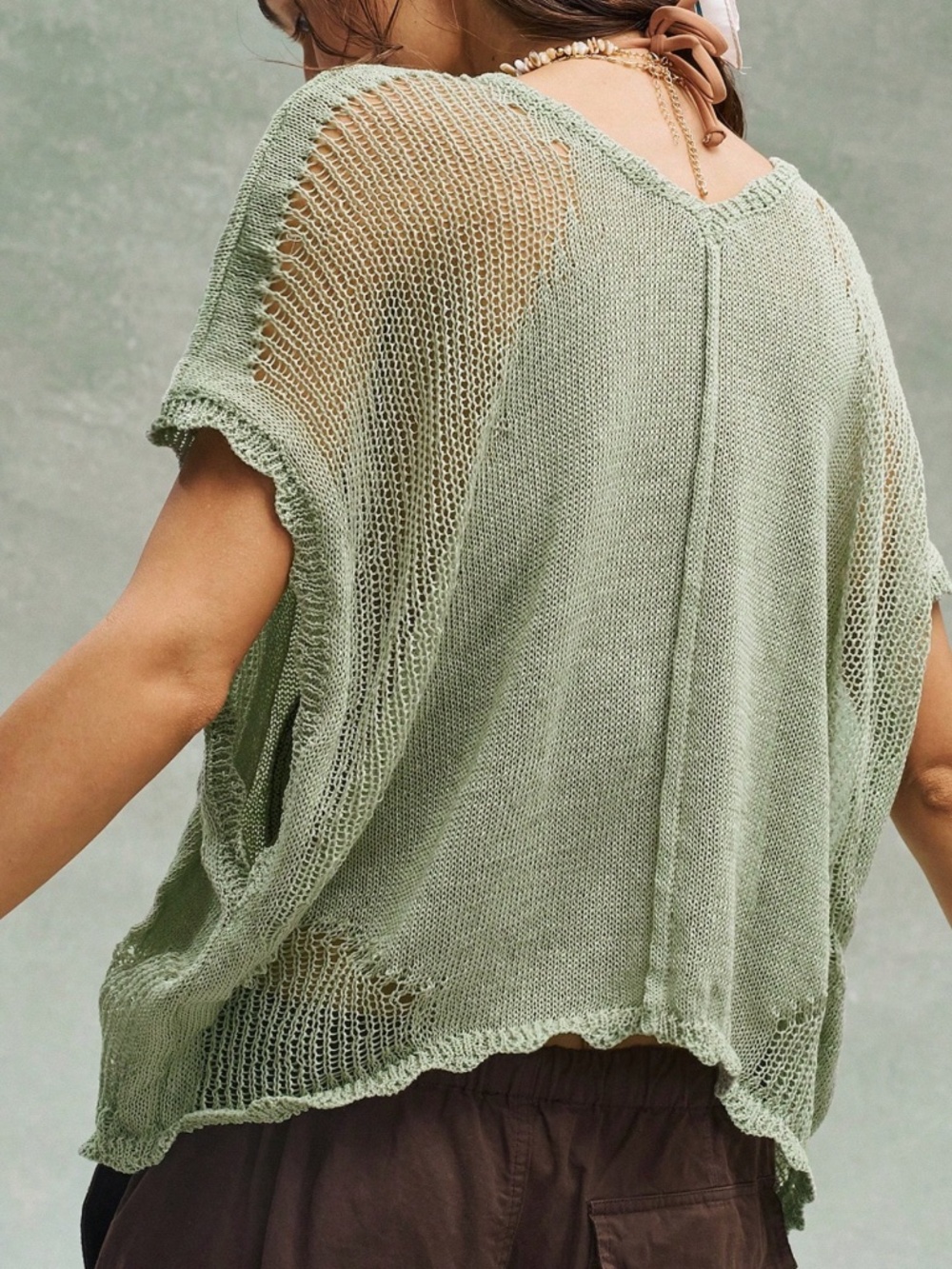 Boho Peace Crochet Patch V neck Semi Sheer Oversized Sweater Top - Picture 2 of 5